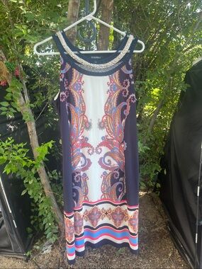 Roz & Ali Navy and Ivory Paisley Beaded-Neck Midi Dress